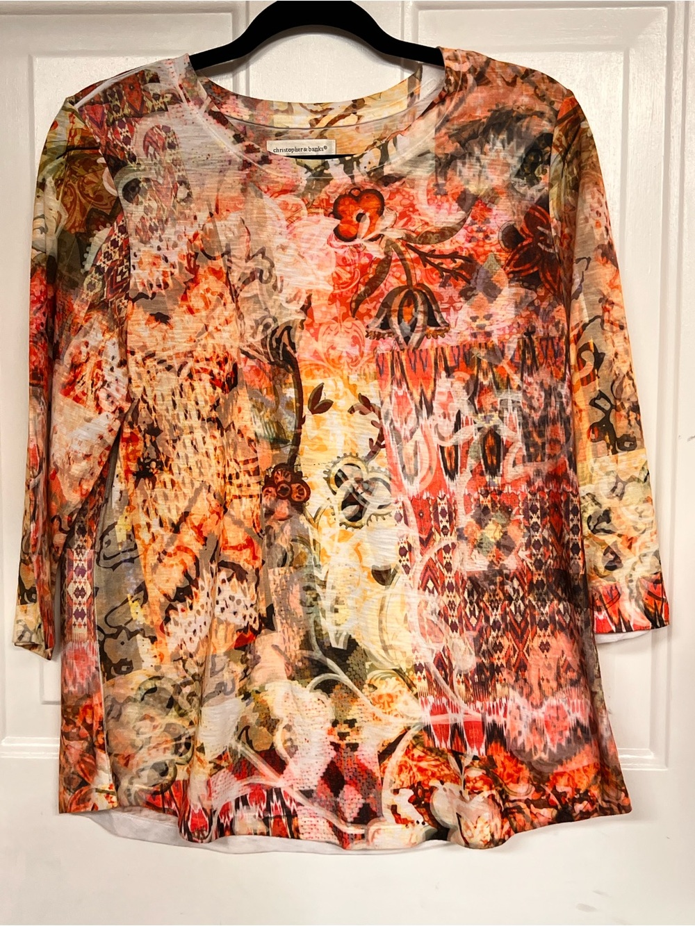 Christopher & Banks Orange Multi-Pattern Long Sleeve Top